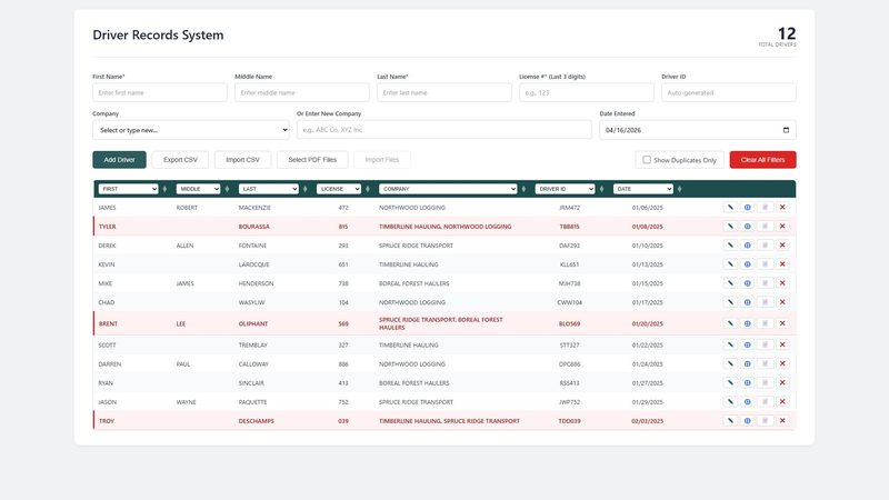 FleetLog driver records system with filterable table and duplicate-row highlighting